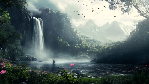 Silent wanderer beneath the hymn of emerald falls.