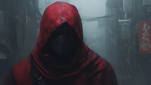 Mysterious red hooded wanderer in a rainy neon alleyway.