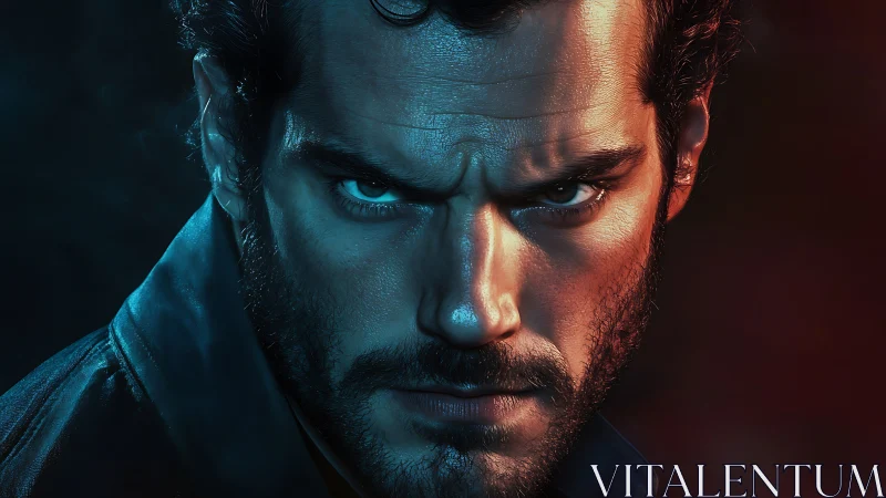 Photorealistic dual-tone male portrait with cinematic lighting.