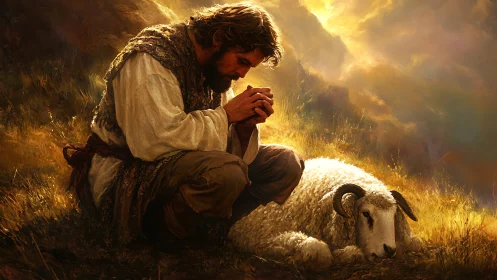 Shepherd kneels in golden field beside resting sheep