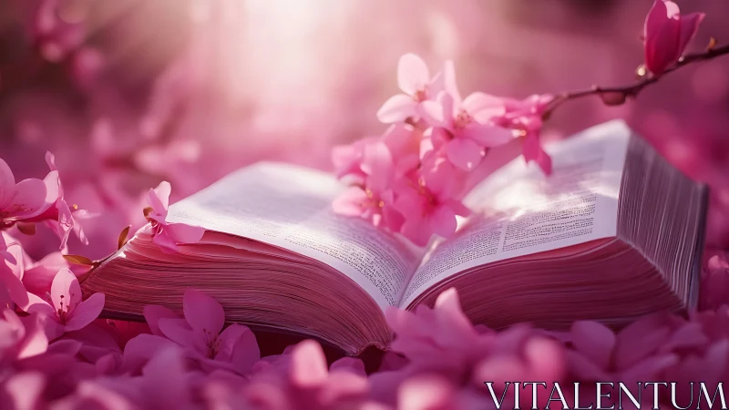 Open book rests under glowing pink cherry blossoms.