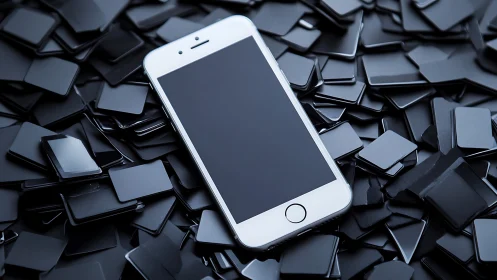 Silver smartphone lounges atop glossy midnight data tiles