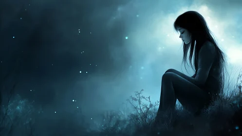 Silhouetted girl seated in blue night landscape profile view.