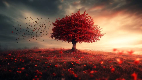 Crimson tree on windswept hill at dramatic sunset sky.