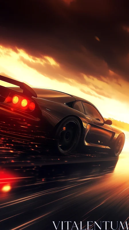 Sunset highway sprint with a sleek, blazing sports car.