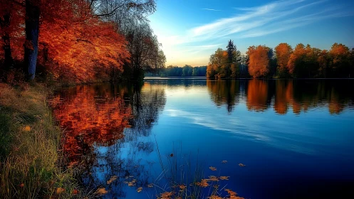 Autumn forest lake reflects vivid orange foliage at dusk.