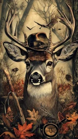 Stag portrait with hunter’s gear in misty autumn forest.