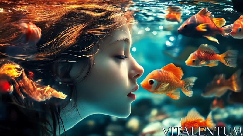 Girl underwater facing bright goldfish in vivid blue scene