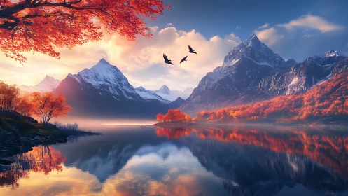 Mountain lake reflects snowy peaks and vivid autumn forest
