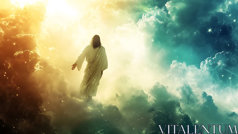 Robe-clad figure walking through illuminated cloudscape.