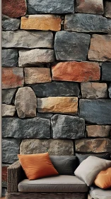 Cozy stone wall nook with sunlit cushions and woven sofa.