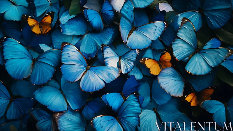 Chromatic clustering of blue Morpho butterflies with orange outliers.