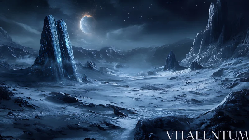 Frozen exoplanet nightscape with crystalline spires and moon
