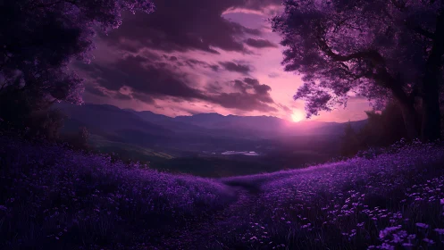 Lavender dusk path winds through a glowing dreamlike valley.