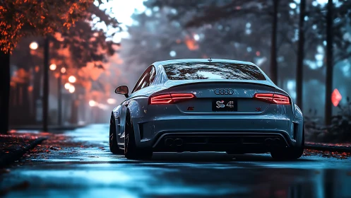 Modified Audi sedan on wet forest road at dusk in focus.