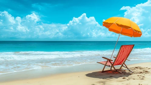 Photorealistic beachscape with striped lounger and parasol.