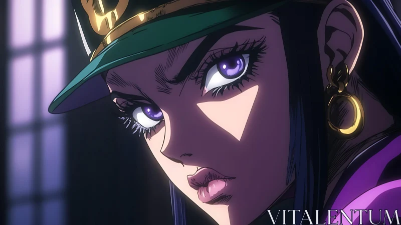 Purple eyed anime woman in cap stares with intense focus