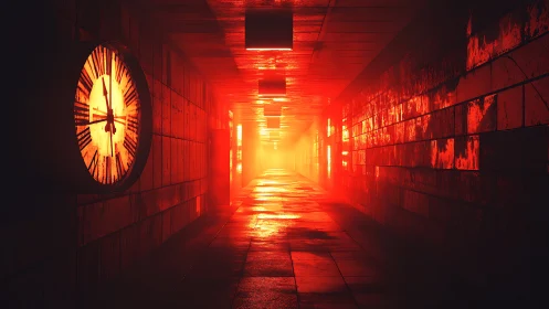 Glowing corridor clock marks time in a fiery neon haze