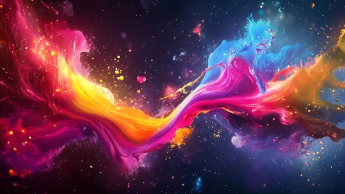 Vibrant cosmic splash of multicolored liquid in motion.