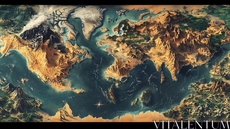 Panoramic fantasy world map renders continents in sculpted relief