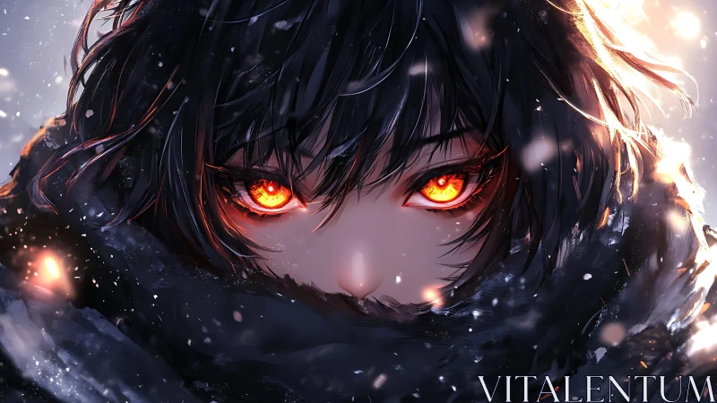Fiery winter gaze glows warmly against the swirling snow