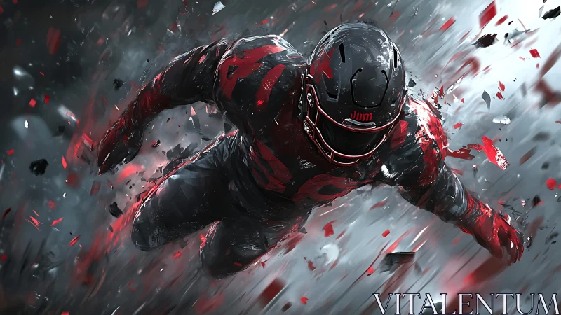 High-velocity armored runner in red-black impact debris field