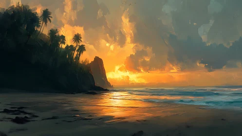 Tropical shoreline with vivid orange sunset sky and surf.
