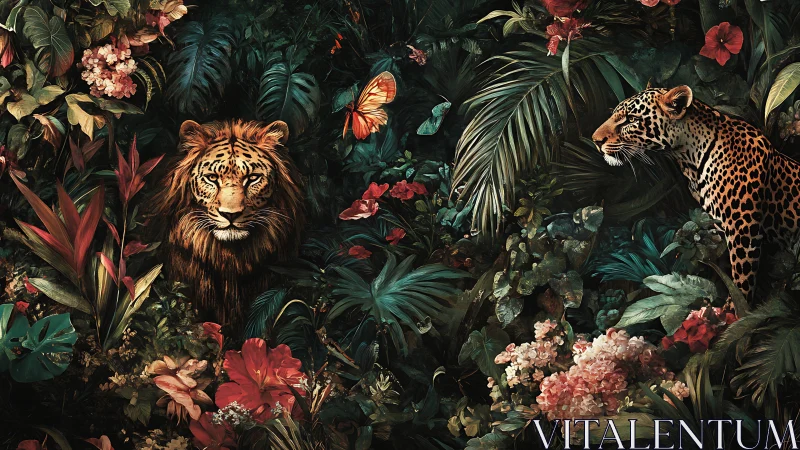 Exotic Wildlife Amid Floral Abundance: Lion and Leopard in Tropical Garden