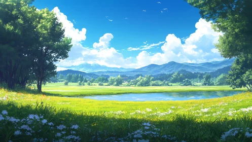Luminous summer meadow and lake under distant blue mountains.