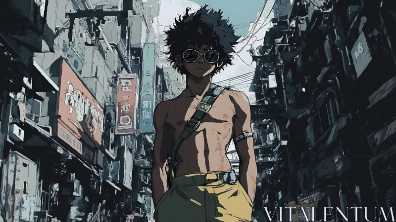 Street-sun rebel strolling neon canyon backstreets.