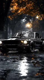 Midnight muscle car glows softly under golden autumn trees