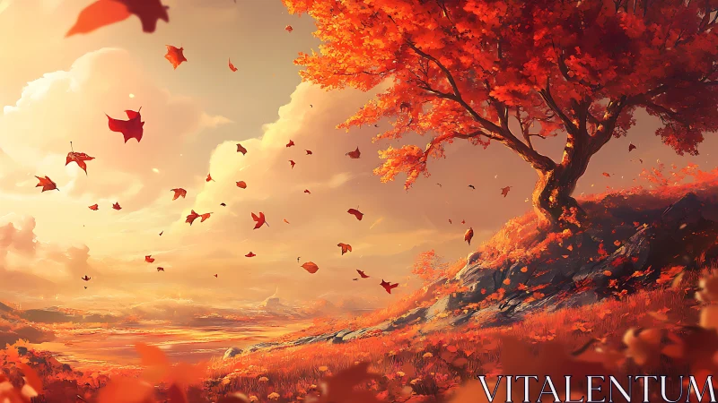 Golden autumn hillside glows beneath swirling crimson leaves