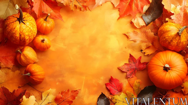 Pumpkins and autumn leaves arranged around orange center