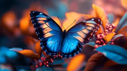 Blue morpho butterfly glows over orange bokeh foliage.