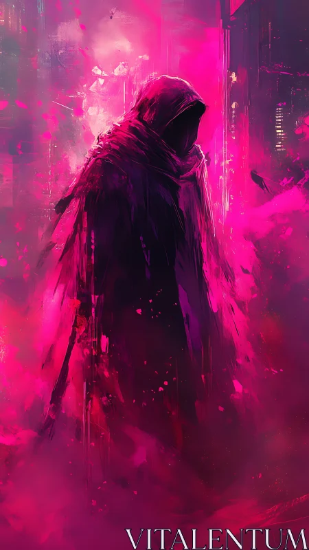 Neon cloaked figure in magenta vapor digital environment.