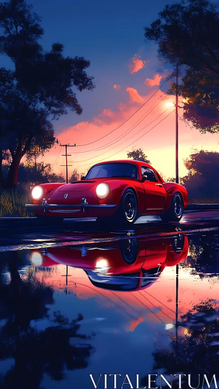 Retro red coupé under dusk powerlines with mirrored roadway.