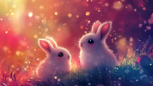 Softly illuminated rabbits under bokeh-rich twilight field lighting