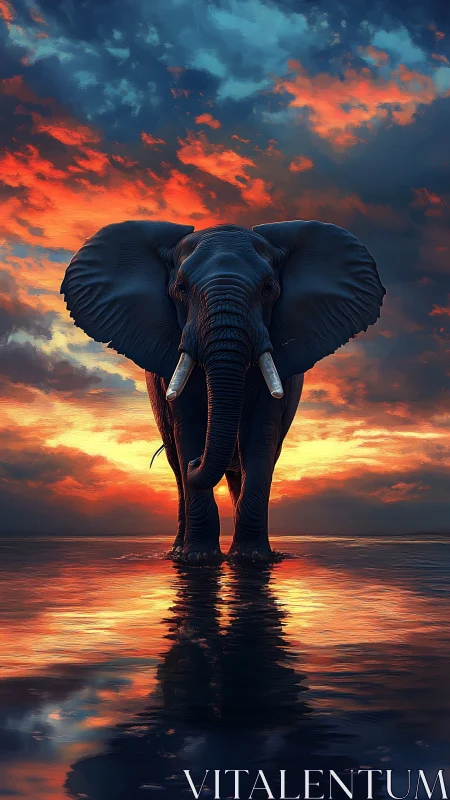 Solitary elephant strides through reflective water at sunset