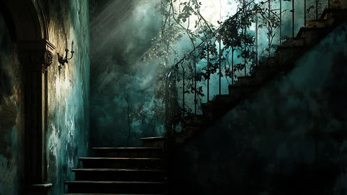 Moonlit ivy braids secrets along a forgotten turquoise stair