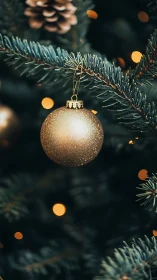 Golden Christmas ornament glowing on a cozy evergreen tree.