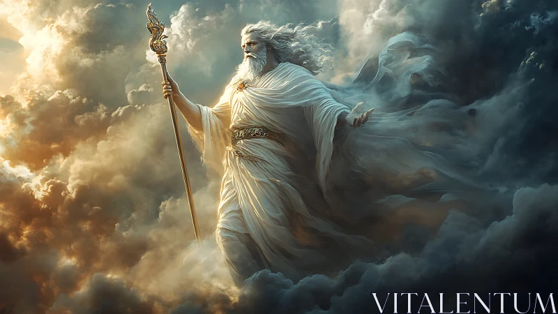 Storm god strides through glowing clouds wielding staff