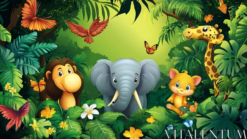 Playful jungle friends encircled by vivid tropical foliage.