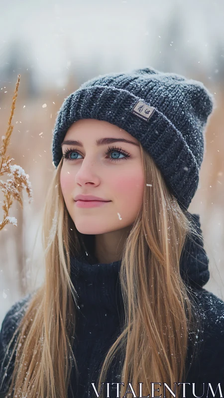 Winter portrait with blue-eyed subject in knitted beanie.