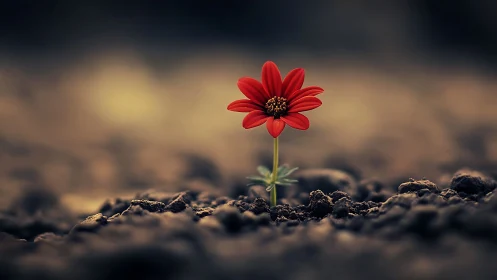 Single red flower growing alone from barren soil.