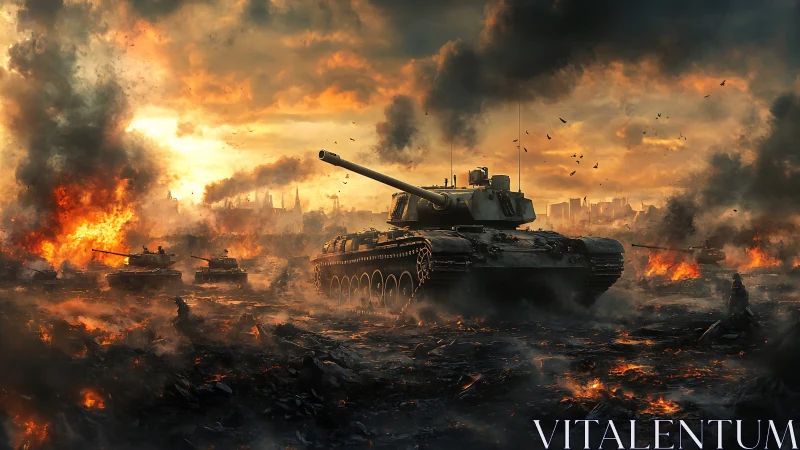 Armored tank advances through fiery post apocalyptic battlefield