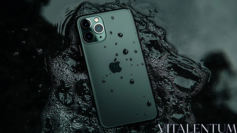 iPhone Pro immersed in water with droplets and fluid dynamics surrounding device.