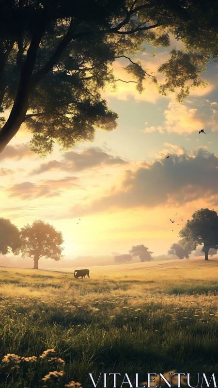 Sunlit pastoral meadow with lone grazing cow at golden hour