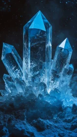 Luminous blue crystal cluster rising against starry void.