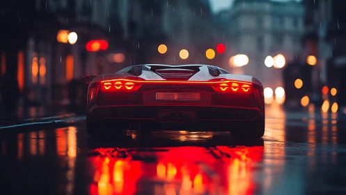Rear view sports car on wet city street at night period