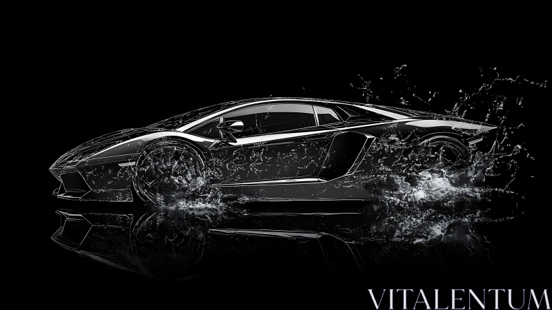 Rendered sports car silhouette intersects dynamic water splash